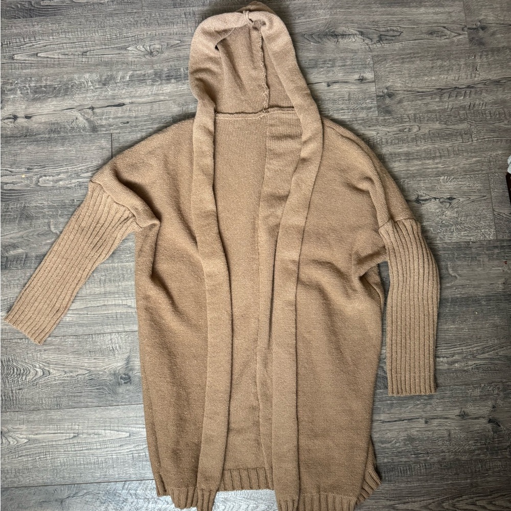 Women's Hooded Open-Front Long Cardigan Sweater - Camel